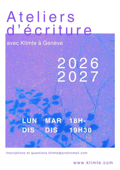 Une affiche mentionnant ateliers d'écriture 2026 2027 sur un fond violet