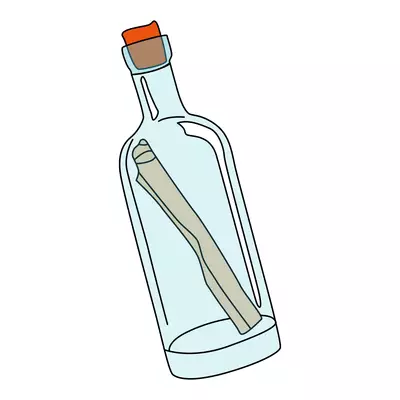 un rouleau de papier dans une bouteille fermée (message à la mer)