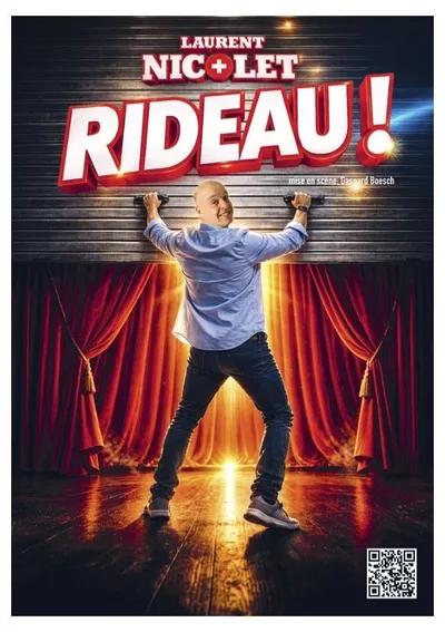 Laurent Nicolet-Rideau! Laurent Nicolet qui ferme un rideau de fer sur un rideau rouge de théâtre.