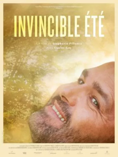 Invincible Summer – Screening and Discussion Le visage d'Olivier Goy avec le titre du film, le nom de la réalisatrice et les sponsors