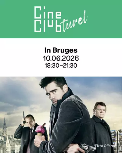 L’affiche se présente comme une carte postale décalée de Bruges, divisée en trois cases. Chaque case montre un personnage principal (Colin Farrell, Brendan Gleeson, Ralph Fiennes) sur fond de paysages belges pittoresques.