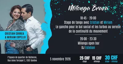 Milonga Brava with Cristian Correa & Miriam Copello Flyer de l'événement avec les enseignants du cours