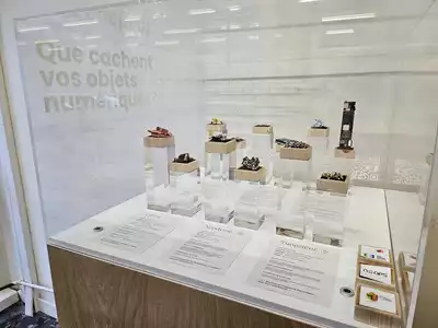 Vitrine d'exposition avec des matériaux précieux sur des mini-socles.