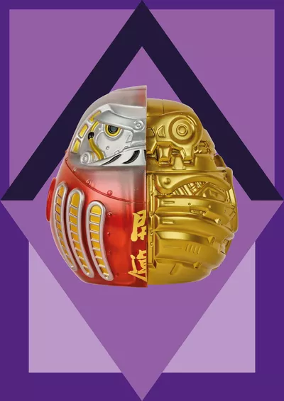 Visit by the creators of the exhibition Affiche de l'exposition qui présente un daruma dans un losange. Le daruma est une figurine japonaise qui permet de faire des voeux. Le fond est violet foncé et le losange et mauve, violet clair.