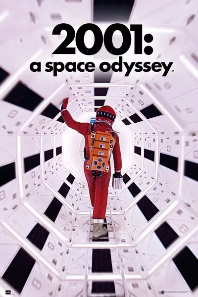 Un astronaute en combinaison rouge avance dans un couloir spatial immaculé aux formes géométriques, symbole de l'exploration, du mystère et de l'infini cosmique.