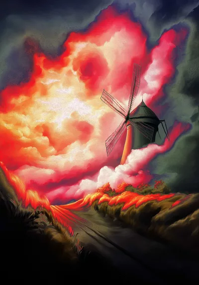 Un moulin dans la campagne, sur un fond de ciel orageux mais qui laisse apparaître un début de soleil et sa lumière