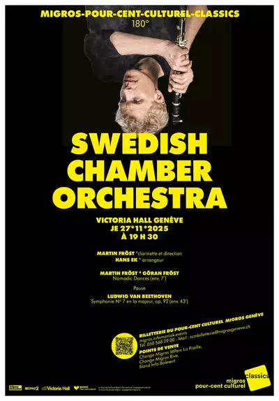 Affiche du concert, sur fond noir et avec Martin Fröst la tête à l’envers et sa clarinette dans sa main