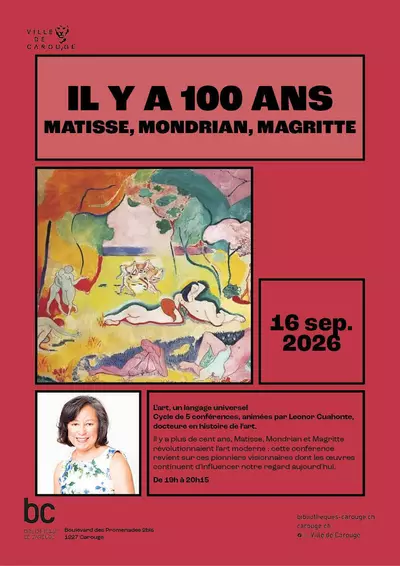 Art, a universal language: 100 years ago – Matisse, Mondrian, Magritte Image d'une peinture de Matisse dans des tons chauds avec des individus nus dans un parc ou une forêt.