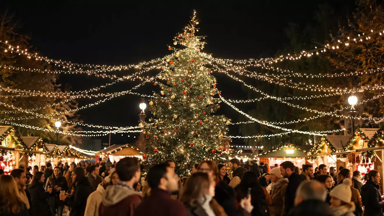 Besucher unter Lichterketten und einem grossen Weihnachtsbaum zwischen den Holzchalets von Noël au Quai bei Nacht