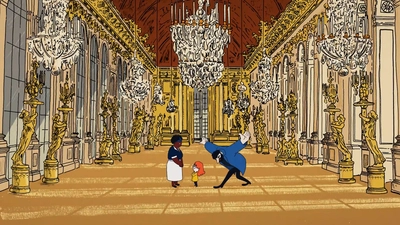 Un dessin d'une grande salle luxueuse avec des statues et des chandeliers. Au centre, une dame, une fillette et un homme.