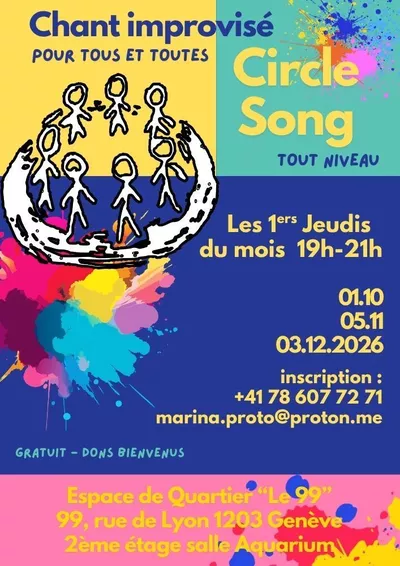 Un cercle de personnes qui chantent, des cadres de couleur avec les informations des séances les 1ers jeudis du mois.