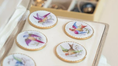 Écrin dans lequel se trouve des boutons en céramique avec comme motif un grand oiseau coloré.