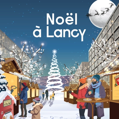 Nous voyons des chalets sur une place avec des personnes qui mangent, boivent, achète des cadeau ou postes des lettres au Père Noël