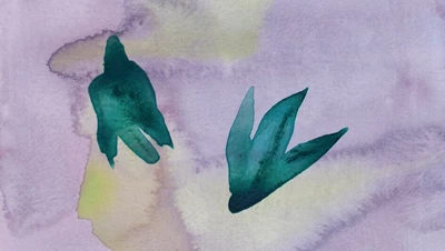 Aquarelle réalisée par Marie Ducaté : on y voit des oiseaux sur un fond violet jaune