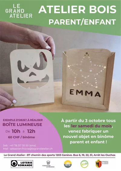 Parent-Child Workshop at Le Grand Atelier: Making Wooden Objects, Every First Saturday of the Month On voit une main tenant une boîte en bois fabriquée à la main, avec un couvercle présentant des découpes en forme d’étoile. À côté, un second couvercle est présenté pour la même boîte, permettant de changer son apparence