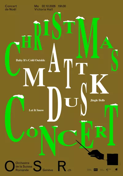 Affiche de la soirée avec l'OSR et l'artiste invité Matt Dusk sur un fond ocre et informations en vert clair et blanc.