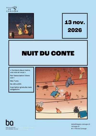 Storytelling Night 2026 Images de petits oiseaux, avec des livres, perchés sur des fils électriques.
