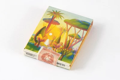 Photo d'une boîte d'allumettes décorée d'une illustration de végétation et soleil.