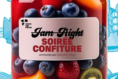 Un pot de confiture avec une étiquette où il est écrit : Jam night, soirée confiture avec le logo du festival Voix de Fête.