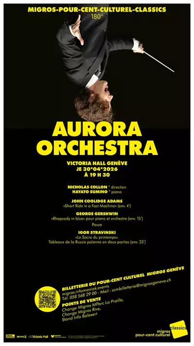 Affiche du concert, sur fond noir et avec le chef Nicholas Collon la tête à l’envers