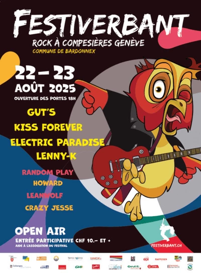 C'est l'affiche du festival Festiverbant. On peut y retrouver les informations pratiques telles que la date et le lieu. On retrouve également les noms des artistes sur la partie gauche de l'affiche. Sur la partie droite, on voit un hibou portant une veste noire et tenant une guitare électrique. Enfin, en bas de l'affiche, figurent le nom de l'organisateur ainsi que les partenaires de l'événement.