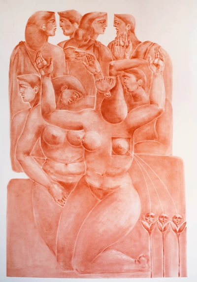Dessin en tons rouge terre représentant un groupe de figures humaines imbriquées. Plusieurs visages de profil et de face s’entrelacent autour d’un corps central féminin, avec des mains, des formes géométriques et des motifs répétitifs.