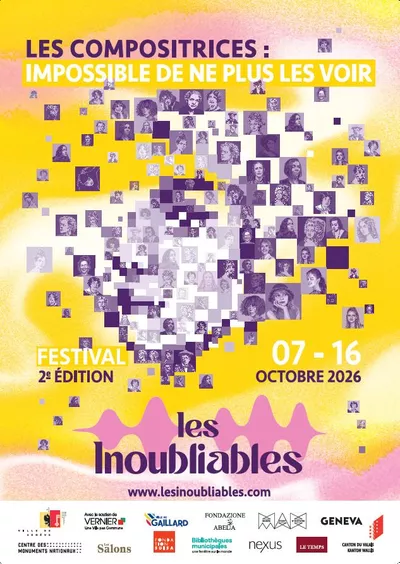 Affiche jaune et rose du festival Les Inoubliables, du 7 au 16 octobre 2026, présentant une mosaïque de portraits de compositrices.