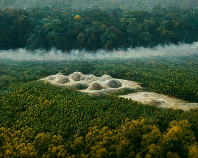 Image générée par IA, vue sur une forêt avec une lisière de nuages, et un nuage blanc qui pourrait aussi être des toiles d'araignées qui recouvre une partie des arbres et qui produit des moutons filandreux