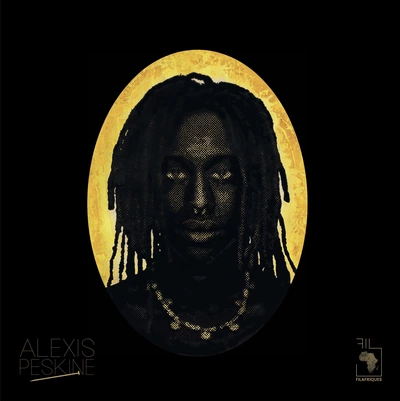 Portrait d'afro descendant sur planche de bois teintée de jaune transpercée de clous recouverts de feuilles d'or