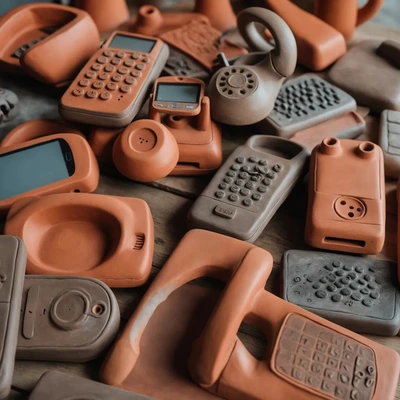 Sur une table en bois sont posées des sculptures en terre d'appareils électroniques, dont des smartphones