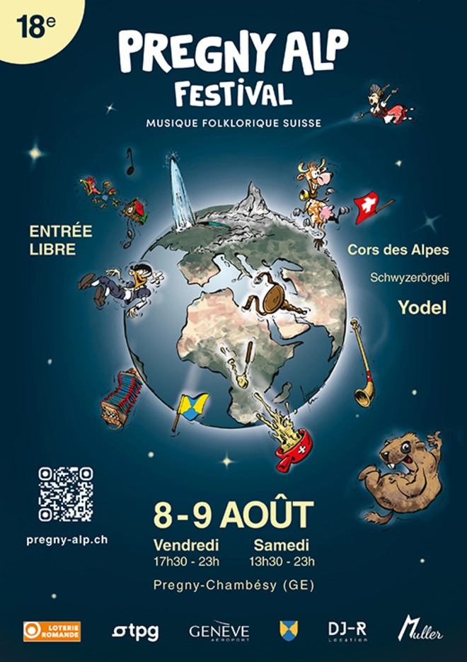 Affiche colorée du Pregny Alp Festival 2025, dédié à la musique folklorique suisse. On y voit une illustration de la planète Terre, autour de laquelle dansent des personnages en habits traditionnels, jouant des cors des Alpes, accordéons (Schwyzerörgeli) et chantant du yodel. En haut figure le nom du festival. Les dates « 8–9 août » sont indiquées en grand, avec les horaires (vendredi de 17h30 à 23h, samedi de 13h30 à 23h) et le lieu : Pregny-Chambésy (Genève). Entrée libre. Des logos de partenaires figurent en bas.