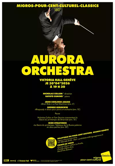 AURORA ORCHESTRA Affiche du concert, sur fond noir et avec le chef Nicholas Collon la tête à l'envers.