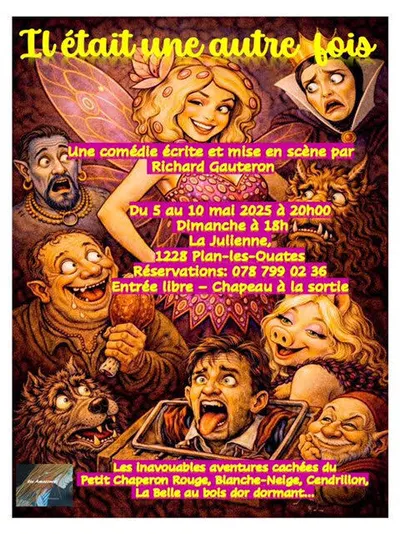 fée blonde entourée de personnages de contes de fées, loup, ogre, nains, bête