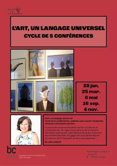 Première image avec différents tableaux du peintre Magritte et deuxième image avec une femme souriante.