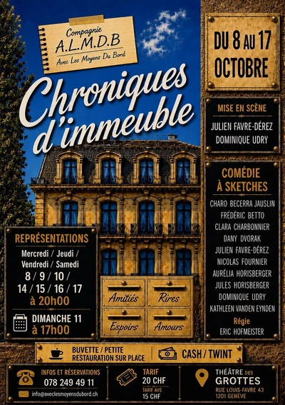 Chroniques d'Immeuble L'affiche représente la façade d'un immeuble ancien, éclairé sous un ciel bleu profond. Au centre, le titre « Chroniques d'immeuble » apparaît en très grandes lettres blanches, élégantes et inclinées, occupant une grande partie de l'image.
En haut à gauche, un carnet indique le nom de la compagnie : A.L.M.D.B. – Avec Les Moyens Du Bord.
À droite, plusieurs panneaux noirs et dorés présentent les informations du spectacle. Le premier annonce les dates : du 8 au 17 octobre. Les suivants précisent qu'il s'agit d'une comédie à sketches, donnent le nom des metteurs en scène et la liste des comédiens.
Au pied de l'immeuble, quatre boîtes aux lettres portent les mots Amitiés, Rires, Espoirs et Amours, illustrant les thèmes abordés par le spectacle.
En bas de l'affiche figurent les informations pratiques : les jours et horaires des représentations, les tarifs, les coordonnées pour les réservations, l'adresse du Théâtre des Grottes à Genève, ainsi que la mention d'une buvette avec petite restauration et la possibilité de payer en espèces ou par Twint.
L'ensemble de l'affiche utilise des tons bleu nuit, noir et doré, avec un style rappelant les anciennes affiches de théâtre. Elle évoque une ambiance chaleureuse, conviviale et pleine de vie, centrée sur les histoires et les relations entre les habitants d'un même immeuble.