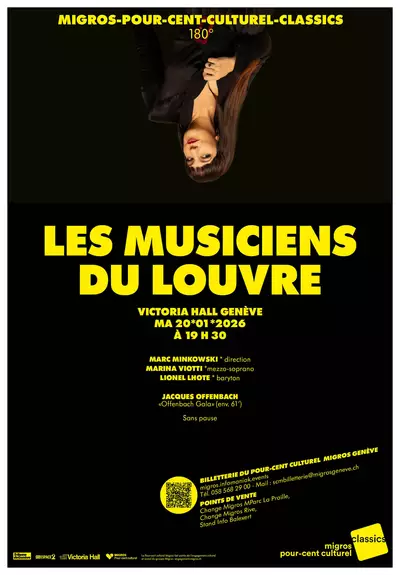 Affiche du concert, sur fond noir et avec la soliste Marina Viotti la tête à l’envers