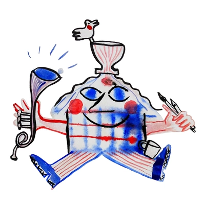 The Illustrated House, by Cécile Koepfli Dessin en aquarelle, en forme de bonhomme-maison tenant une tormpette et des crayons dans les mains