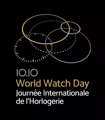 World Watch Day 2026 Affiche noire du World Watch Day avec des cercles évoquant des cadrans de montre et l’inscription « 10.10 – Journée Internationale de l’Horlogerie ».