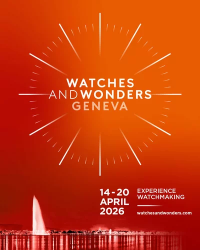 C'est l'affiche pour l'événement "Watches and Wonders". Le fond est de couleur orange dégradé, avec un motif de rayons évoquant un cadran d'horloge. L'image montre aussi un paysage de Genève avec la célèbre fontaine Jet d'Eau en arrière-plan.