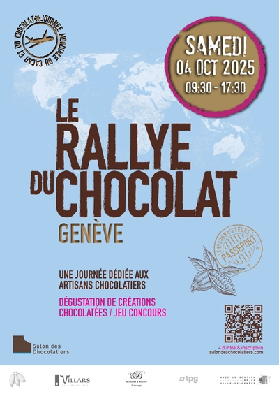 affiche fond bleu avec mappemonde blanche et titre de l'évènement Le rallye du chocolat de Genève 2025, date le samedi 4 octobre de 9h30 à 17h30, une journée dédiée aux artisans chocolatiers et dégustation de créations chocolatées. / blue background with white globe and event title The Geneva chocolate rally 2025, dates on Saturday, October 4 from 9:30 am to 5:30 pm, a day dedicated to chocolate artisans and tasting of chocolate creations.