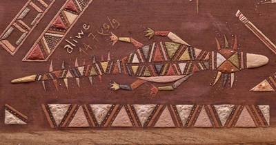 European Heritage and Matrimoine Days: Matrimoine(s) in danger Détail de l'oeuvre "TÏNTUKAI" de l'artiste Ti'iwan Couchili. on y voit un lézard et des motifs géométriques autour.