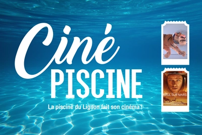 Fond bleu de piscine, tickets de cinémas avec deux images tirées des films projetés.