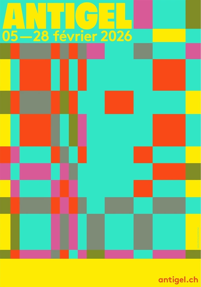 L'affiche de l'événement ANTIGEL, un visuel abstrait et géométrique composé de blocs de couleurs vives et contrastées (cyan, rouge, rose, gris et jaune).