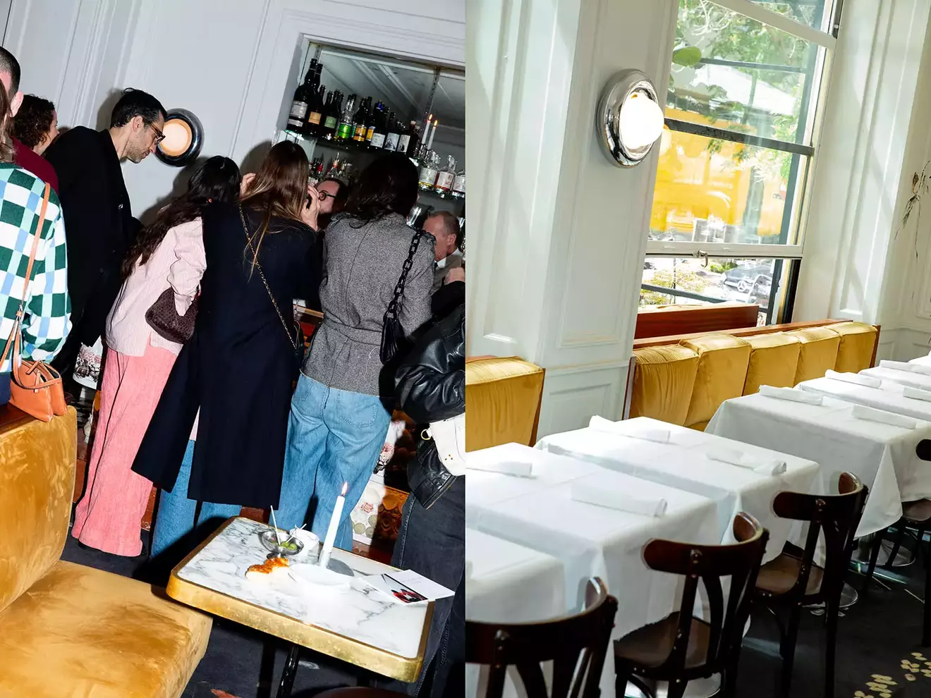 Visiteurs réunis lors d’un événement de la Geneva Art Week et élégante salle du restaurant Le Dorian.