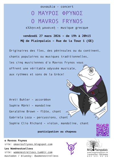 Greek music concert! Sur une affiche au fond bleu ciel, on retrouve toutes les infos concernant le concert, ainsi que le logo du groupe: une crapaude en queue de pie, avec une baguette de cheffe d'orchestre a la main.