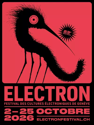 Electron Festival 2026 Bannière noire et rouge du Festival Electron, annonçant sa 23e édition à Genève, du 2 au 25 octobre 2026, avec des motifs graphiques inspirés de la musique électronique.