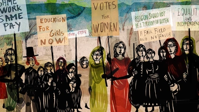 Screening - Sultana’s Dream Une illustration artistique représentant un groupe de femmes de diverses origines manifestant pour leurs droits.