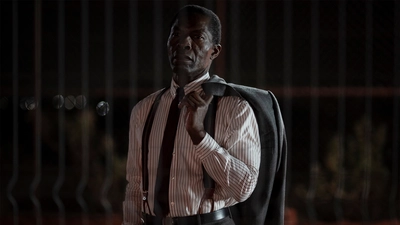 Il fait nuit. Un homme, bien habillé, se tient droit. On distingue une barrière floue devant lui.