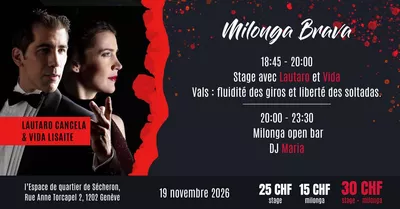 Milonga Brava with Lautaro Cancela & Vida Lisaite Flyer de l'événement avec les enseignants du cours