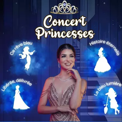 Laurie la chanteuse de concert princesses avec les silhouettes des princesses comme la Reine des Neiges avec son titre "Libérée, délivrée", Jasmine avec "Ce rêve bleu", la Belle avec "Histoire éternelle" et Vaiana avec "le bleu lumière".